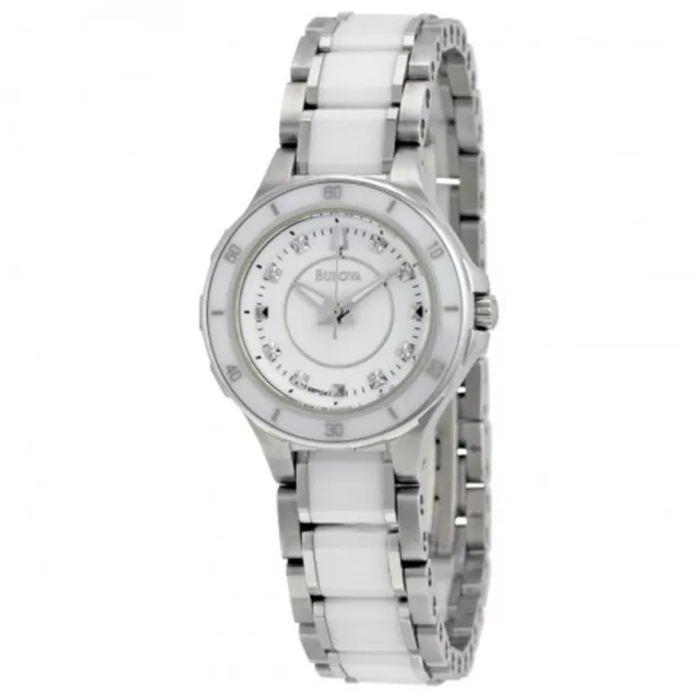 Bulova White Dial 8 Diamonds White Ceramic St.steel Ladies Watch 98P124 New