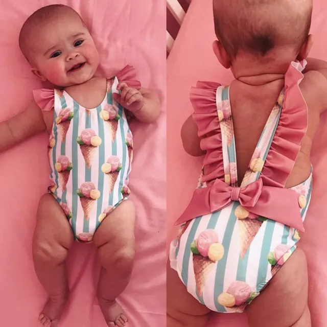 Toddler Kid Baby Girl Swimwear Ruffle Stripe Bow Bikini Swimsuit Swimming Gift