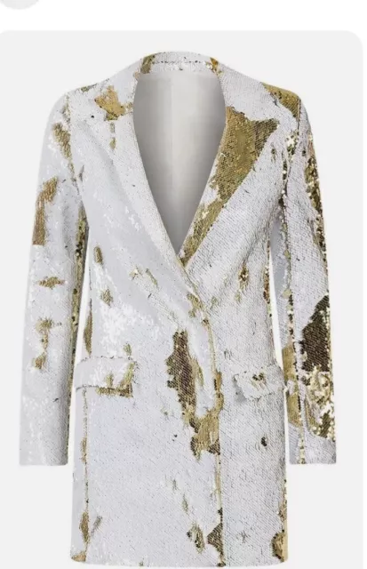 Sequin Long Blazer / Blazer Dress White Gold Lined Party Coat