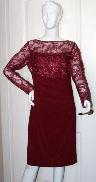 Marina Illusion Yoke Sequin Lace Long Sleeve Sheath Dress   Sz 12  * 215 New
