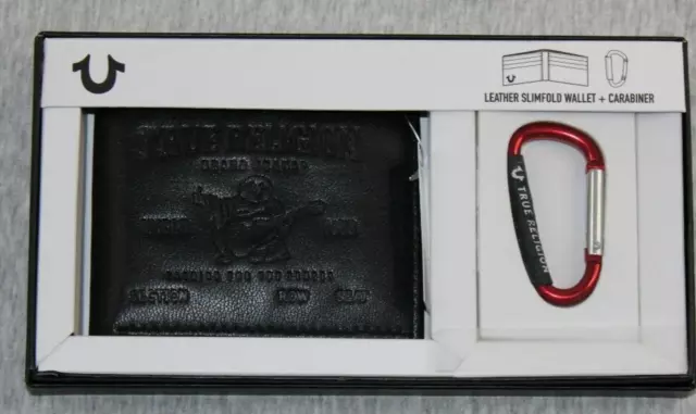 True Religion Brand Wallet + Carabiner Box Set Men's Black Wallet Red Carabiner