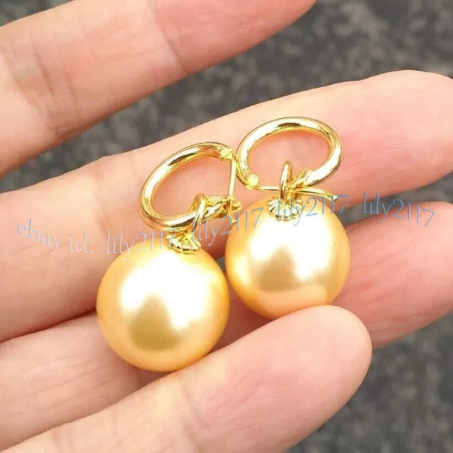 Huge AAAA 16mm Round South Sea Golden Shell Pearl Dangle Earring 14K Yellow Gold