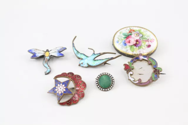 Antique Enamel Brooches Cold Painted Edwardian Guilloche x 6