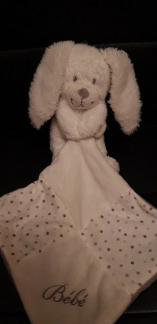 Pommette Doudou Lapin Blanc Mouchoir Gris Blanc Brode Bebe Pois 2