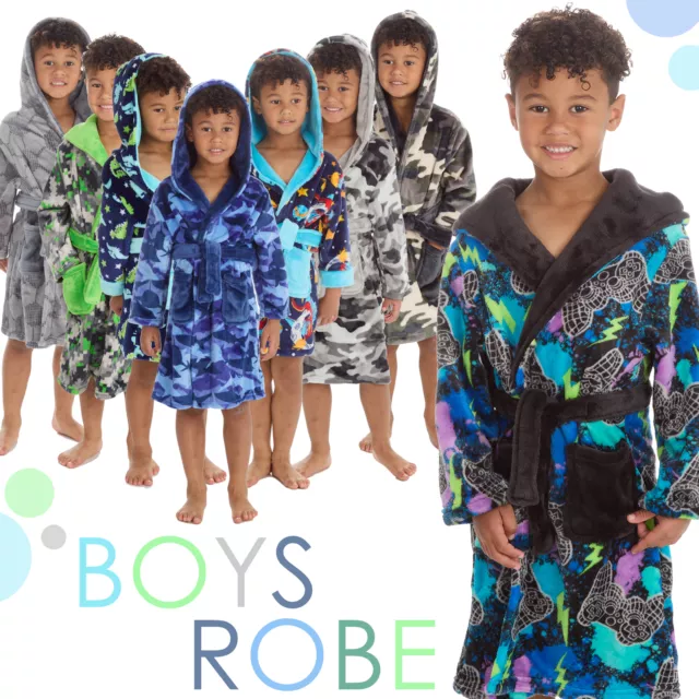 Boys Hood Dressing Gown Plush Fleece Robe Printed Bathrobe Housecoat 2-13 Years