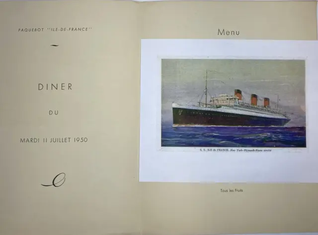 1950 SS "Ile De France" Ocean liner 14X 11" Large 1st Class Dinner Menu July 2nd