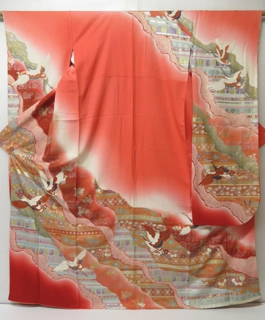 2127T05z1290  Japanese Kimono Silk FURISODE Flying crane Coral pink