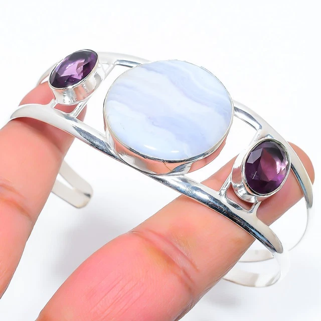 Blue Lace Agate, Amethyst Gemstone 925 Sterling Silver Cuff Bangle Adj. s070