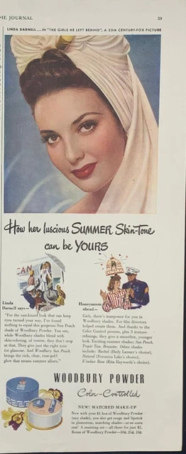 Magazine Ad* - 1943 - Woodbury Powder - World War 2 - Linda Darnell - (#1)