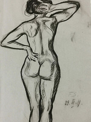 Dibujo Erótico Desnudo Antiguo Ölkreide-stehender Femenino F. Schwimbeck Firmado