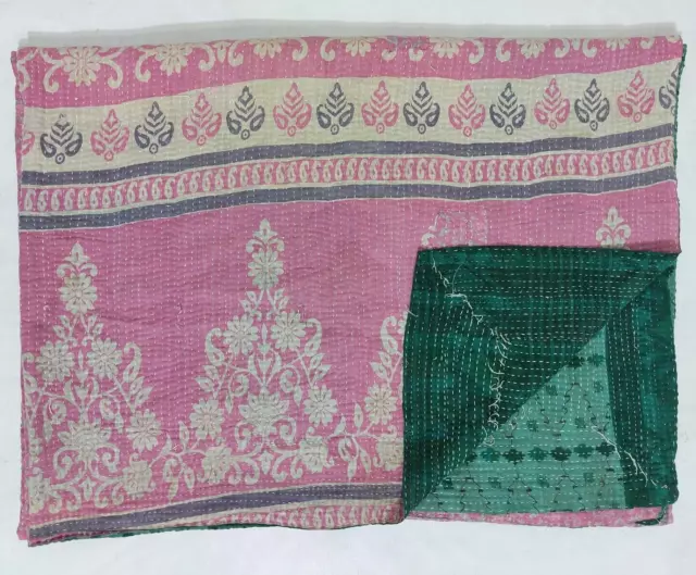 Indian vintage kantha recycled cotton Pink queen size quilt blanket throw Gudari