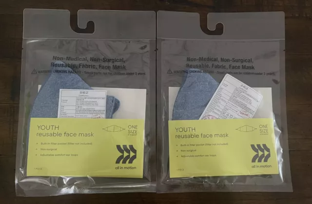 Target All In Motion Reusable Fabric Face Mask Youth Adjustable Blue Lot Of 2