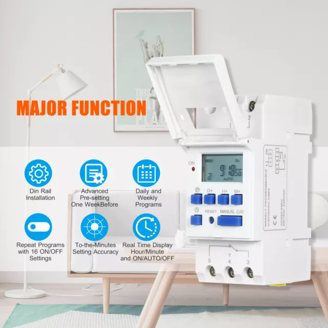 AC 220V 16A Digital LCD Power Programmable DIN Timer Time Switch Relay Mount AU 2