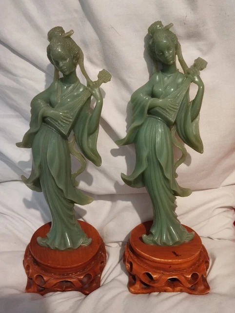 Pair of Vintage Chinese giesha Ladies Carved from Green Soapstone /jade?