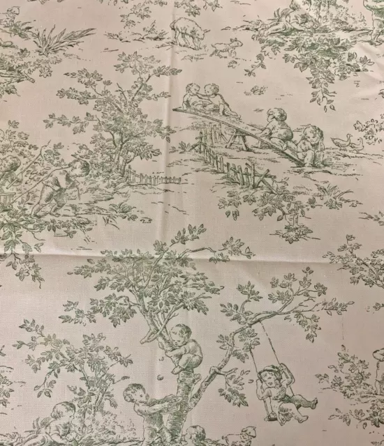 Vintage P Kaufmann Fabric Lot Green Off White Toile Children Animals At Play OOP