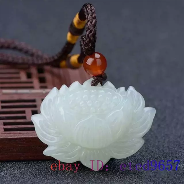 White Jade Lotus Pendant Jadeite Natural Amulet Jewelry Gifts Carved Necklace