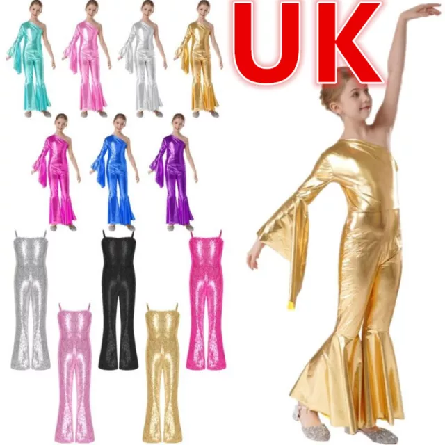 UK Kids Girl‘s Shiny Sequins Dance Bell Bottoms Jumpsuit Festive Cosplay Outfits