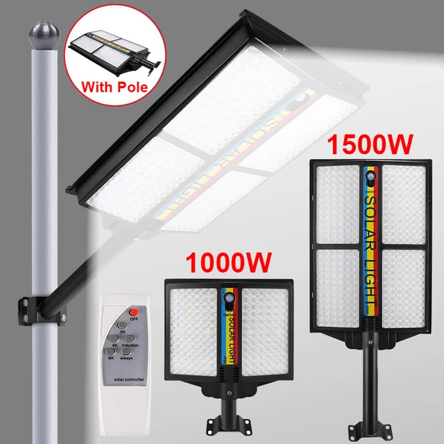 1500W LED Waterproof Solar Street Light 9000000LM Dust-Dawn Road Lamp+Timer+Pole