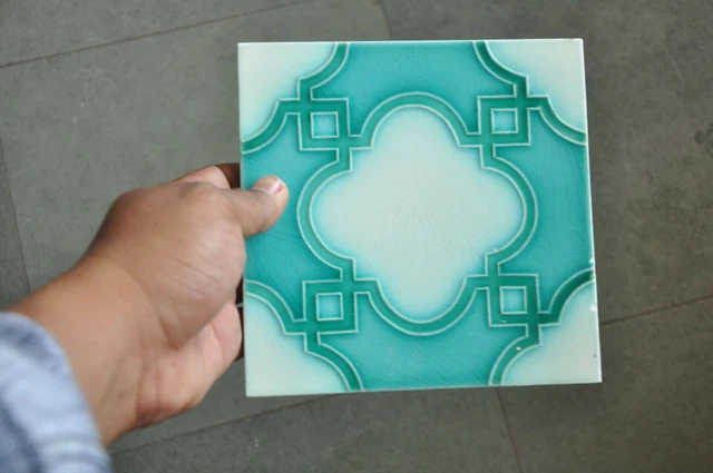 4 Pc Vintage Majolica D.K Mark Nice Design Art Nouveau Architecture Tiles,Japan 3