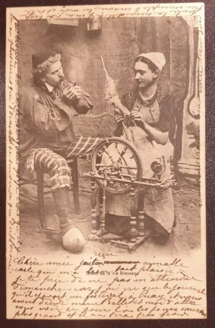 CPA scène de la vie Bressane " Fileuse " dos non divisé, timbre oblitéré 1903