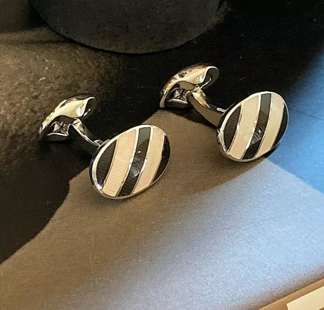 Boutons de manchette - véritable plaqué argent RALPH LAUREN bande noire et blanche - Angleterre 2