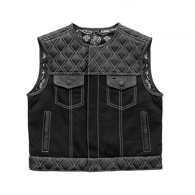 Men's Black Leather Denim Vest W/ White Paisley Lining Concealed Waistcoat
