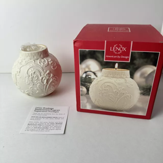 LENOX Candle Ornamental Glow Holly Scrollwork Votive Unused With Box Ivory