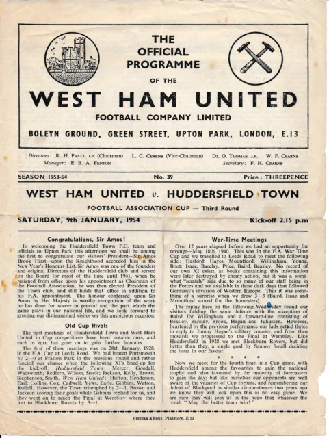 West Ham United v Huddersfield Town (FA Cup) 1953/1954 - Football Programme