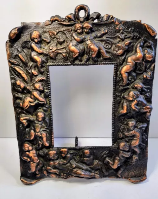 Antique Gorgeous Cast Cherub Fairies Picture Frame Flowers 8.5'' X 10 copper