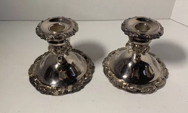 Vintage Pair of Silver Plate Baroque Ornate 4'' Candlestick Holders by Wallace