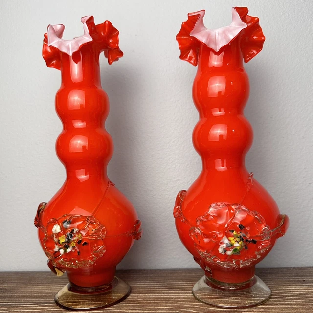 Vintage Orange White Hand Blown Cased Art Glass Ruffled Floral Footed Vases 2PCS