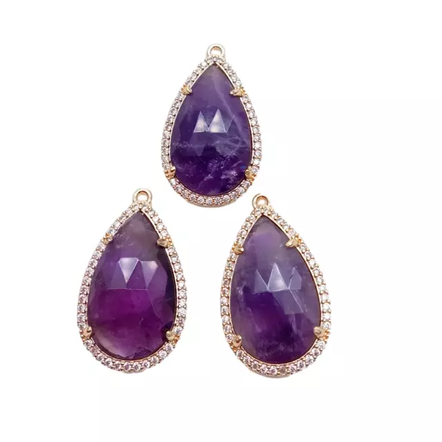 5PCS Natural faceted Amethyst Teardrop Double Bail Charm Pendant for Jewelry DIY