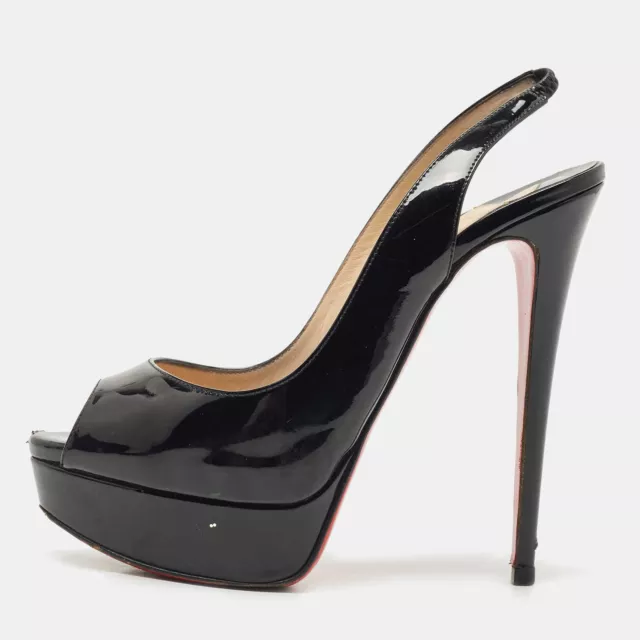 Christian Louboutin Black Patent Lady Peep Slingback Pumps Size 38.5