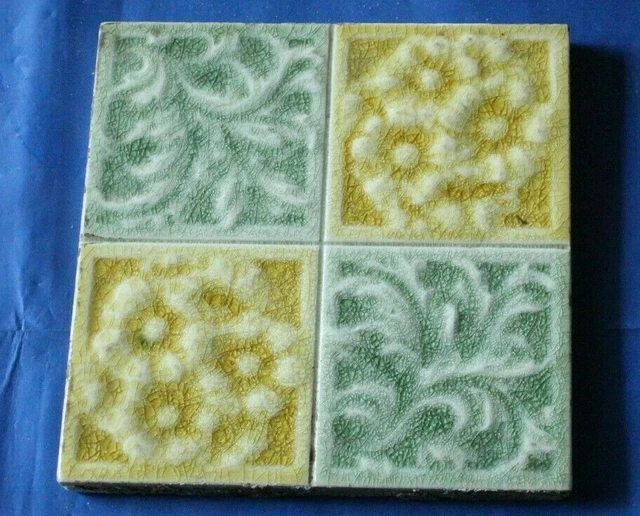 ART NOUVEAU ENGLISH RAISED MAJOLICA FLORAL DESIGN TILE YELLOW AND CELADON h