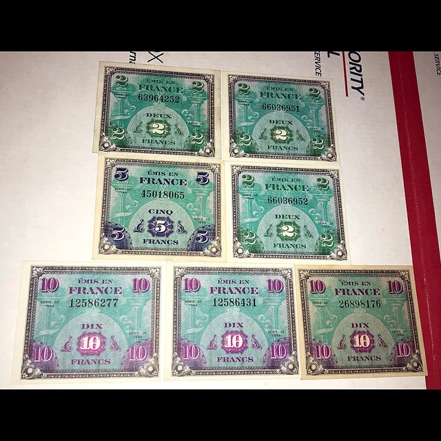Lot 7 original 1944 WW2 era Liberated FRANCE Military Script Currency FRANCS