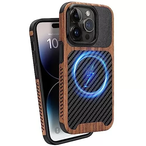 ZZDZZ Cover Magnetica per iPhone 14 Pro Custodia in Legno con Carbonio e Pell...