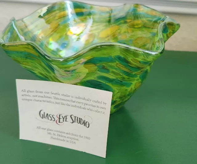 Hand Blown Art Glass  by Glass Eye Studio Mini Ruffled Green Iridescent Bowl