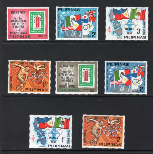 124. Philippinen 1968 Set/8 Briefmarken SPORTS, Olympiade, Fahnen, Auf Stempel.