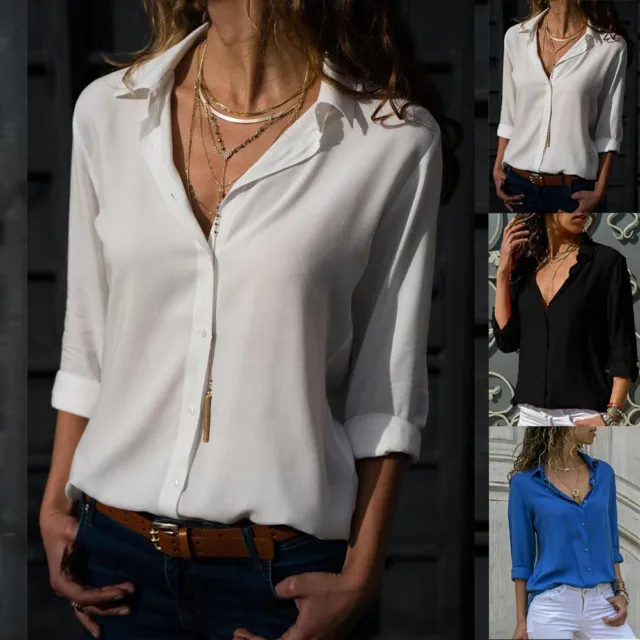 Womens Long Sleeve Plain Shirt Button Up Ladies Work Casual Loose Blouse Tops