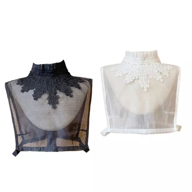 Women Sheer Organza Faux Collar Blouse Embroidery Lace Ruffled Half Shirt