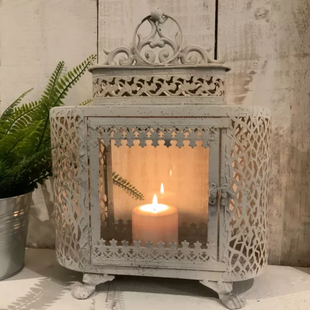 White Metal Glass Lantern Vintage Antique Candle Moroccan Garden Shabby Chic