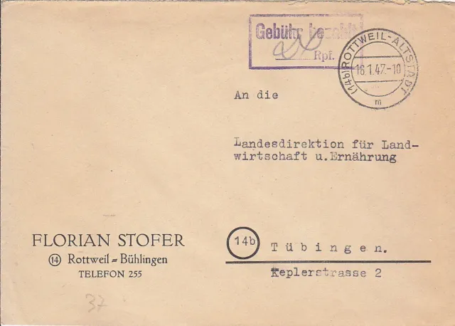 F.Zone - ROTTWEIL - ALTSTADT  - Gebühr bezahlt - Brief - 1947