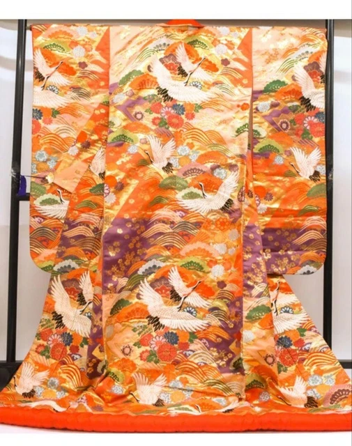 Uchikake Dress Japanese Kimono Robe  Flying Crane Red  Gold Jacket Cosplay Silk