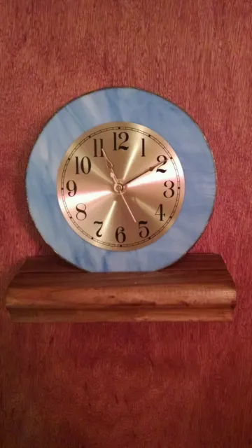 Beautiful Sky Blue With Gold Face 6 3/4 Inch Stained Glass Clock !!