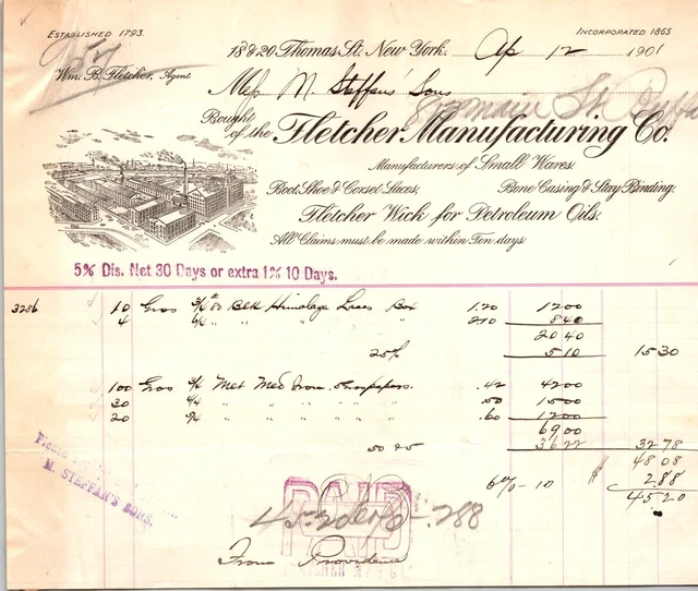 Fletcher Manufacturing Co New York NY 1901 Billhead Wick for Petroleum Oils