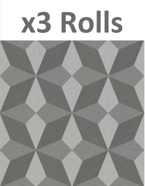 Linear Diamond Geometric Wallpaper Metallic Grey Vintage Retro Vinyl 3 x Rolls