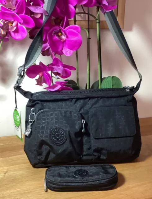 Kipling KITTY Premium Large Shoulder Bag in Caiman Embossed Black with Case