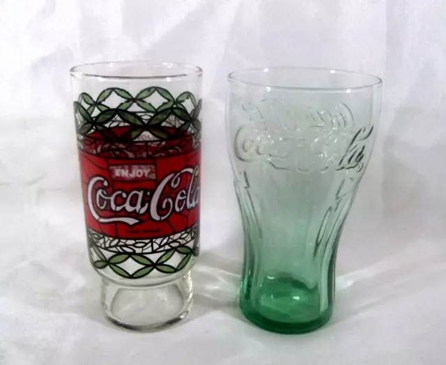 Set of 2 Coke Glasses 1 Green Embossed with "Coca Cola" and 1 "Stained Glass"