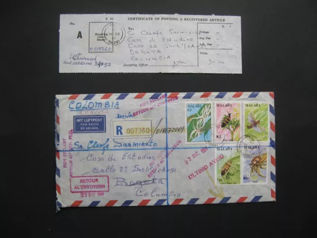 MALAWI, R-cover to Colombia 1991 returned, insects orchid