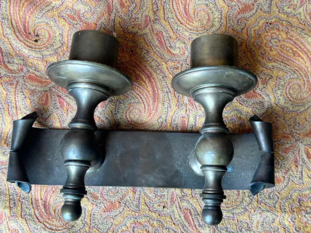 Old Vintage Italian Pair of Two 2 Bronze or Brass Metal Candle Wall Sconces Set 2